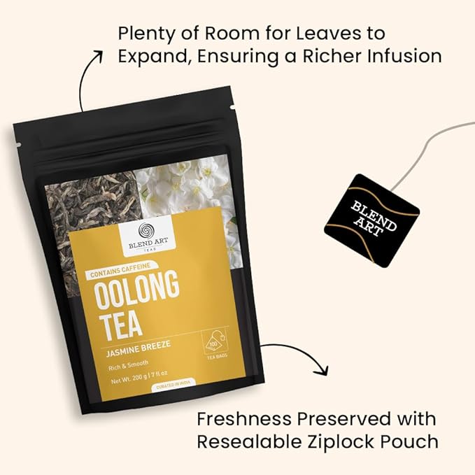 Blendart Jasmine Oolong Tea bags 100 Count | Oolong tea bags for weight loss | Premium High Mountain Oolong Tea leaves | Naturally Caffeinated Tea | Flower Scented Tea | Pyramid Tea bags