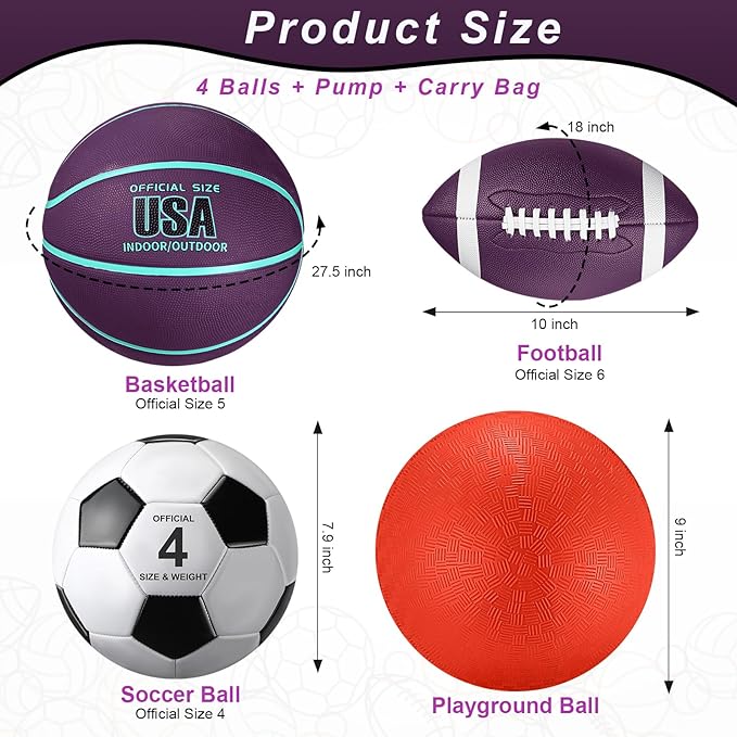Deekin 4 Pcs Sport Balls Set for Kids Teens, Include Official Size 5 Basketball 4 Soccer 6 Football Playground Ball and Pump Sports Equipment Bag Recess Equipment Sport for Students(Purple, Teal)