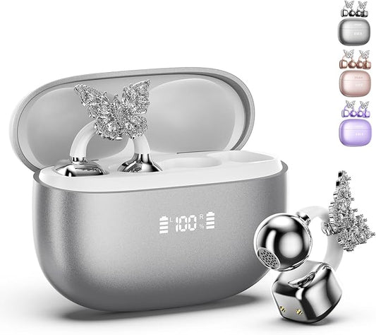 PAXA Bling Open Ear Clip On Earbuds with LED Display & Crystal Butterfly Earrings, Comfort Bluetooth 5.4 Wireless Ear Buds 50H Playtime for Women Girl Work, Fitness, Daily Wear, Gift, Silver