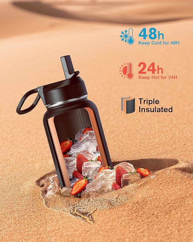 Water Bottle 40 oz Insulated with Straw&Brush, Coolflask Vaccum Stainless Steel Metal 3 Lids Water Flask for Sports, Gym or Office, Keep Cold 48H Hot 24H, Piano Night