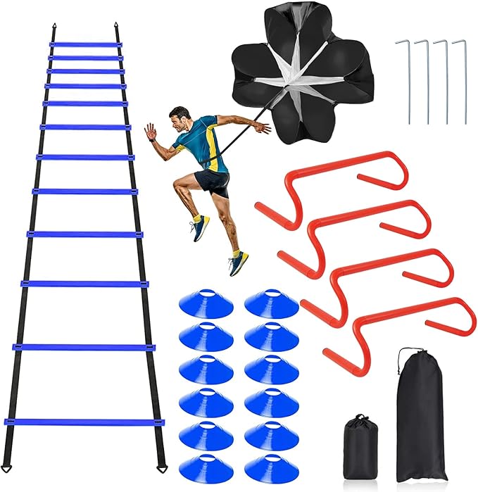 Speed & Agility Ladder Training Equipment Set, Includes 12 Rung 20ft Agility Ladder, 4 Agility Hurdles,12 Disc Cones, 1 Resistance Parachute for Training Football Soccer Basketball Athletes
