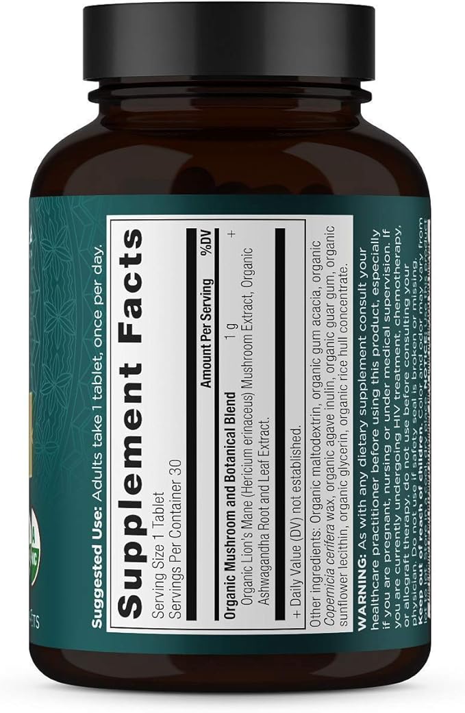 Organic Lion's Mane Mushroom Supplement with Ashwagandha by Ancient Nutrition, Organic Lion's Mane Supports Healthy Energy and Concentration, Reduces Fatigue, Gluten Free and Keto Friendly, 30 Tablets