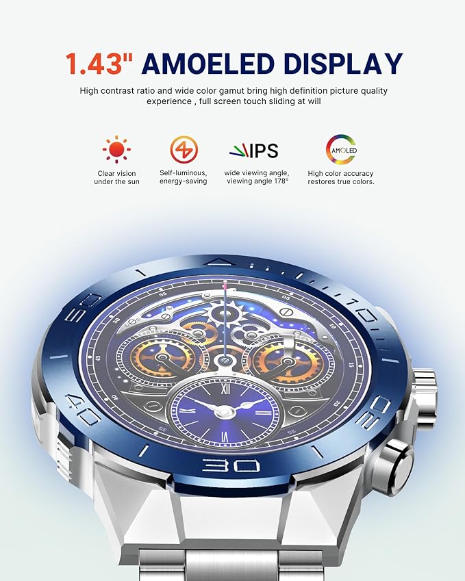 Smart Watch for Men (Answer/Make Call),1.43''AMOLED Screen with 24 Hours Healthy Monitor, 100+ Sports Modes Fitness Tracker Watch, 400mAh Battery Pedometer Calorie Smartwatch Compatible Android iOS