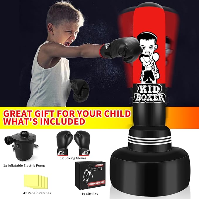 Punching Bag for Kids Set 65" Large Three-Tier Design Stable, Inflatable Boxing Bag Set Toy with Boxing Gloves and Electric Air Pump, Kid Standing Bag for Boys Girls Age 3-15 Training Karate..