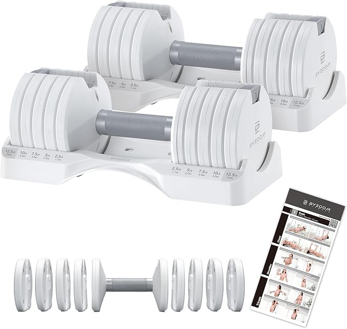 Adjustable Dumbbell – 12.5/25lb Single Unit OR Set of 2 – 5-in-1 Adjustable Weight for Home Gym, Strength Training & Fitness Workouts, White OR Black