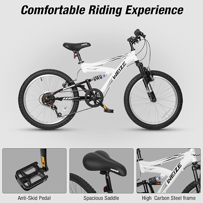 WEIZE Kids Mountain Bike, 20 inch Kids' Bicycles for 6-11 Years Old Boys Girls with Dual Full Suspension, 6 Speeds Drivetrain, High-Carbon Steel Frame, Ideal for Young Riders and Adventurers