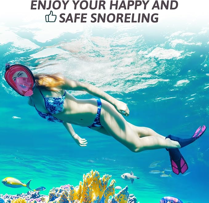 Mask Fins Snorkeling Gear for Adults, Full Face Snorkel Mask & Adjustable Swim Fins Snorkel Set, Panoramic View Snorkel Mask Dry Top Anti-Fog Anti-Leak