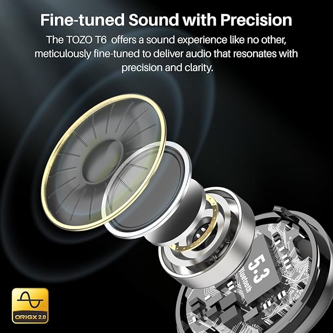 TOZO T6 Wireless Earbuds, Bluetooth 5.3 Ear Buds, Stereo Sound in Ear Headphones, 50 Hours Playtime, Wireless Charging Case, APP Customizable EQs, IPX8 Waterproof Earphones