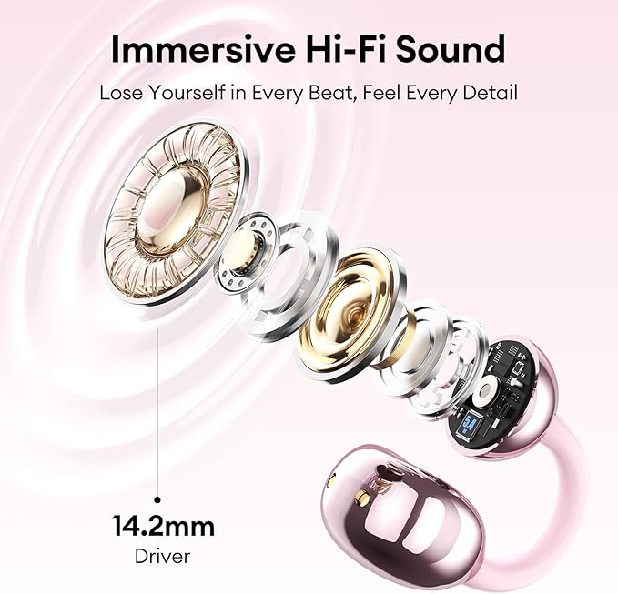 PAXA Stylish Open Ear Clip On Earbuds with Removable Butterfly Earring, Clip On Headphones with LCD Touch Screen, Fashionables Open Ear Headphones for Women, Butterfly Earring Rose Gold Earbuds