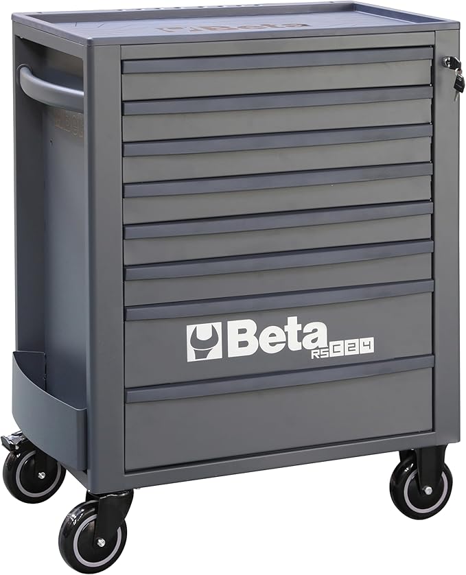 Beta RSC24 Heavy Duty Rolling Tool Cabinet, 8 Drawers, Grey, Ball Bearing Slides, Rubber Mat Liners, 5" Casters, Anti-Fall Edge Worktop, 1760 lbs Load Capacity, Made in Italy