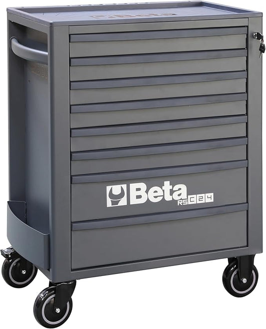 Beta RSC24 Heavy Duty Rolling Tool Cabinet, 8 Drawers, Grey, Ball Bearing Slides, Rubber Mat Liners, 5" Casters, Anti-Fall Edge Worktop, 1760 lbs Load Capacity, Made in Italy