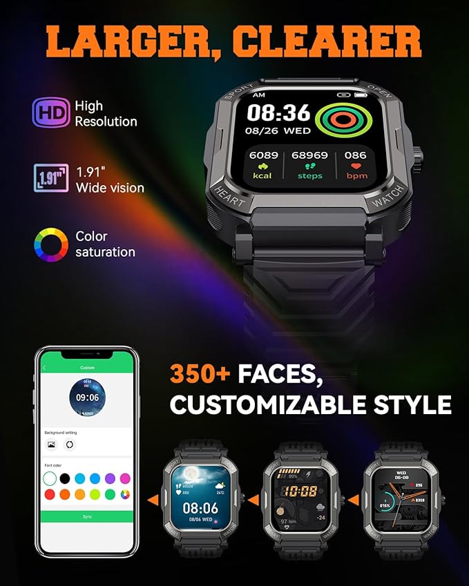 Military Smart Watches for Men (Answer/Make Calls),1.91'' Fitness Smart Watch for Android and iPhone,IP68 Waterproof Fitness Tracker with Step Counter/Sleep Monitor/110+ Sport Modes,Smartwatch for Men
