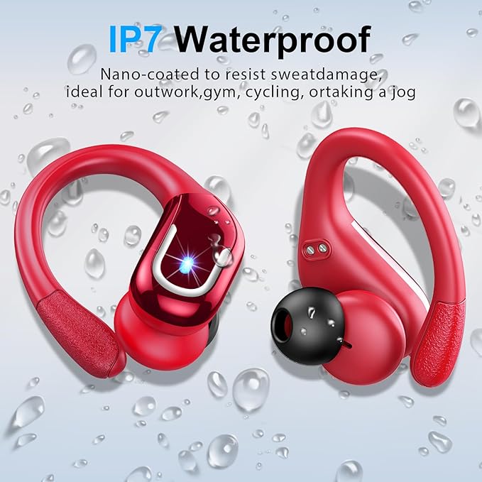 Ltinist Wireless Earbud, Bluetooh 5.4 Headphones Pure Bass Sound with Earhooks, 75H Battery in-Ear Sport Earbud with Dual-LED Display, IP7 Waterproof Earphones Built-in Microphone for Running, Red
