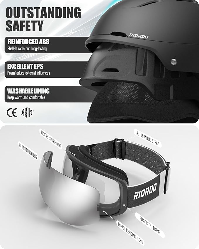 Ski Helmet and Goggles Set, Snowboard Helmet Goggles for Men Women & Youth, Shockproof Snow Helmet Anti Fog OTG Snow Goggles for Skiing Snowboarding