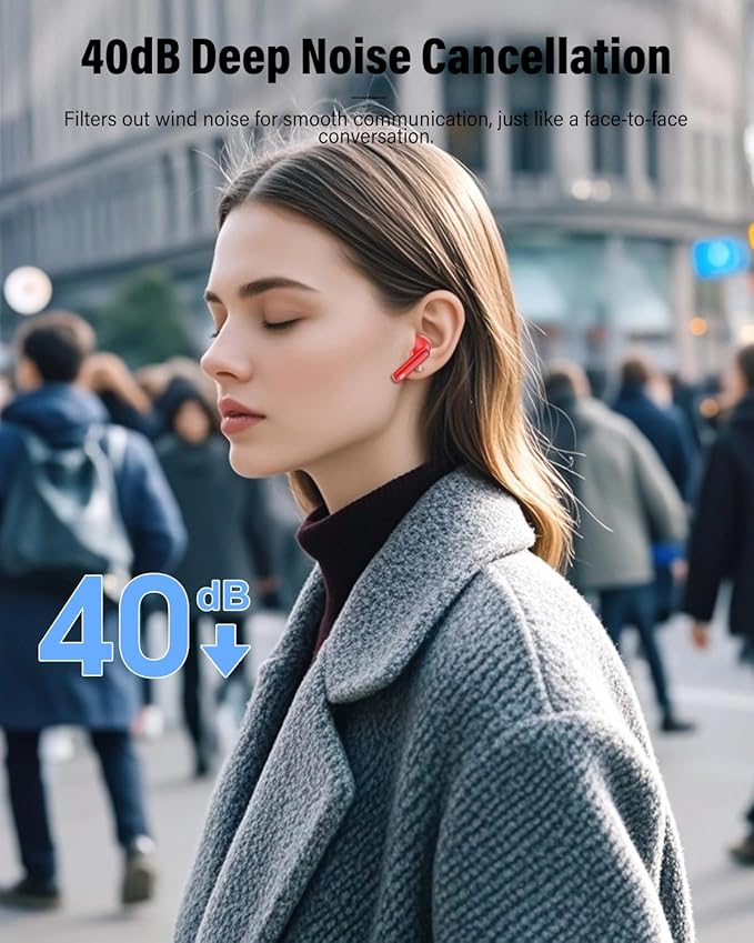 Wireless Earbuds, Bluetooth 5.4 Headphones Bass Stereo, Ear Buds with Noise Cancelling Mic, IP7 Waterproof in Ear Earphones, 36H LED Display Bluetooth Earbuds for Laptop Pad Phones Sports, Red
