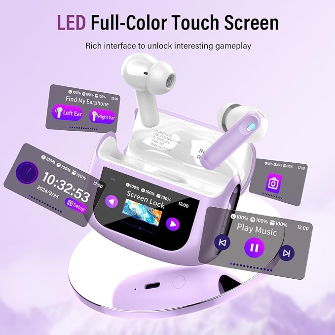 Wireless Earbuds, Bluetooth 5.4 Headphones with Multifunctional Touch Screen, 48H Bass Stereo Ear Buds with ANC/ENC Noise Cancelling/Transparency Mode, IPX7 Earphones with 5 EQ Modes, Purple