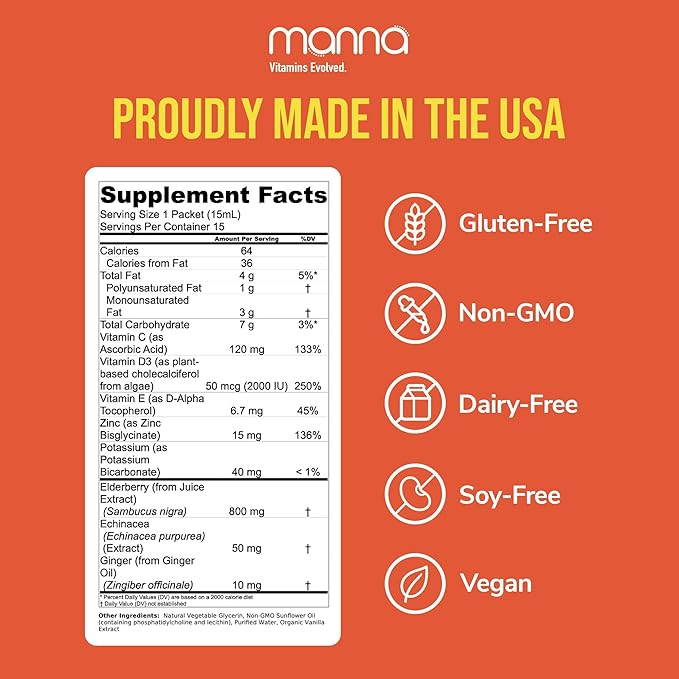 Manna Vitamins Evolved Liposomal Elderberry Immune Packets, Vitamins C, D etc. - Daily Immune Support for Adults, Kids - Sugar Free, Real Elderberry Extract, Syrup, Travel-Friendly, 15 Pack
