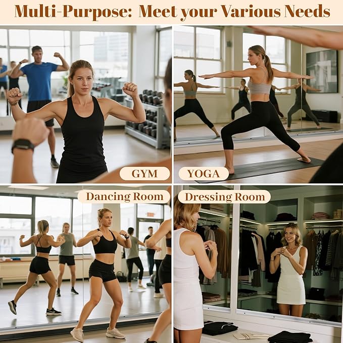 Home Gym Mirror - 3 PCS 16×56 inches, Large Frameless Wall Mounted Full Length Body Mirror for Dancing Studio, Exercise, Fineness, Yoga, Tempered Glass
