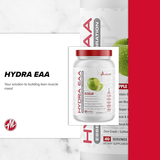 Metabolic Nutrition Hydra EAA, 1000g of Essential Amino Acids + Hydration, EAAs, BCAAs, Glutamine, Electorlytes, Coconut Water & Glycerol, Amazing Flavors (Watermelon, 1000g)