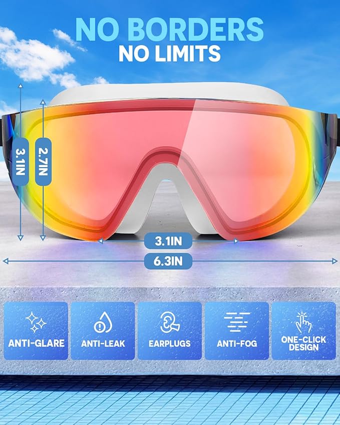 Swim Goggles, Frameless Wide View Swimming Goggles, Anti-Fog Anti-UV No Leaking Pool Goggles for Men Women Adult
