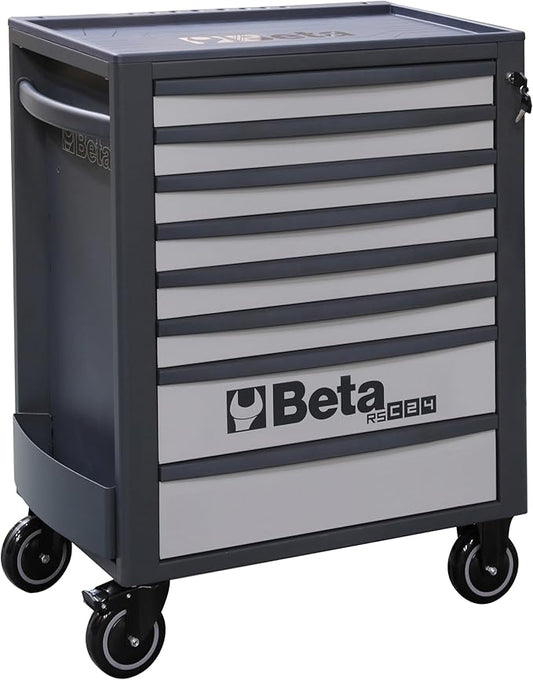 Beta RSC24 Heavy Duty Rolling Tool Cabinet, 8 Drawers, Light Grey, Ball Bearing Slides, Rubber Mat Liners, 5" Casters, Anti-Fall Edge Worktop, 1760 lbs Load Capacity, Made in Italy