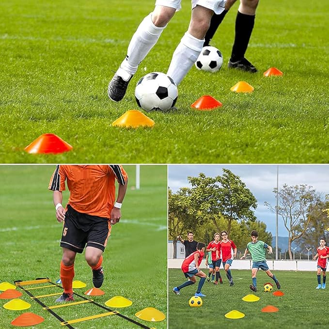 Soccer Speed Agility Training Set - 20FT Agility Ladder 12/16 Sports Cones and Soccer Kick Trainer Football Training Equipment Footwork Drills for Youth and Adults