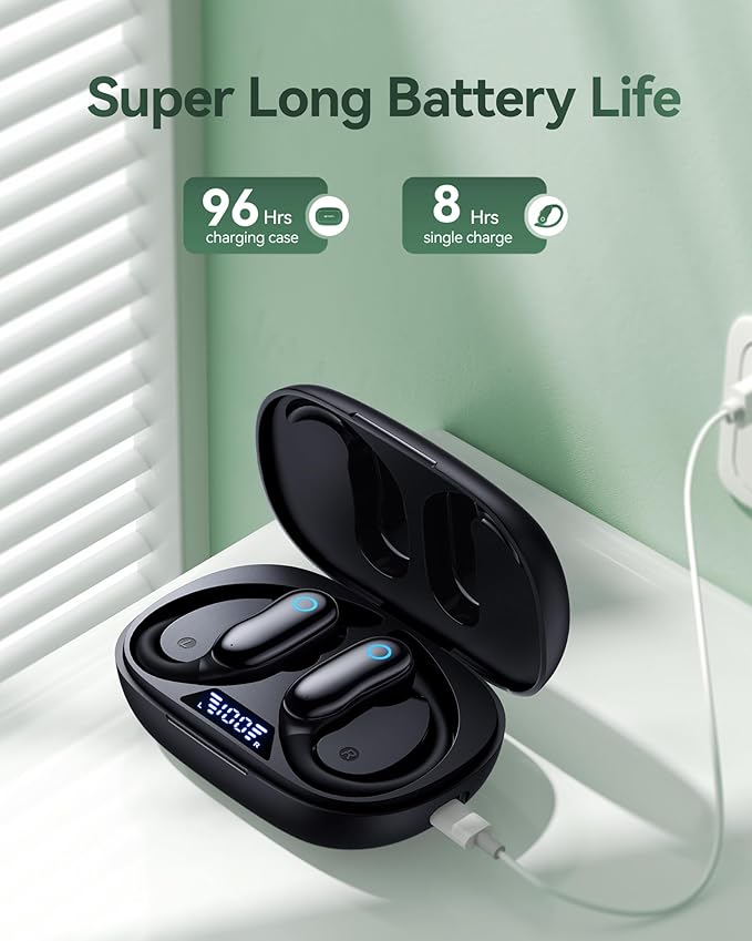 GNMN Active Noise Cancelling Ear Buds Wireless Earbuds 96hrs Playback Bluetooth Headphones IPX7 Waterproof Stereo Bass Over-Ear Earphones with Earhooks Microphone LED Battery Display for Sports/Gym