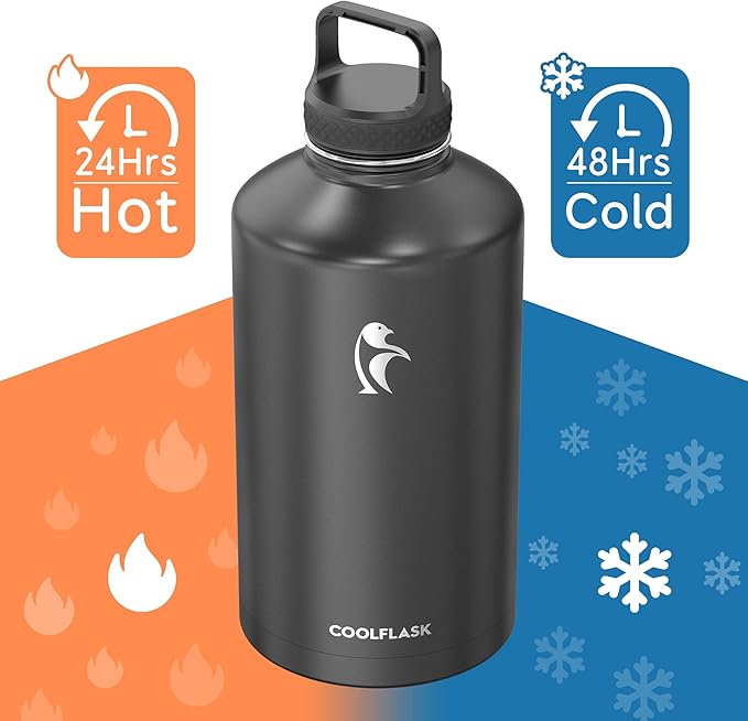 Coolflask Gallon Water Bottle Insulated with Straw&3 Lids, 128 oz Water Jug Large Stainless Steel Metal Vacuum Wide Mouth for Sports, Gym or Office, Non-BPA Keep Cold 48H Hot 24H, Magic Black