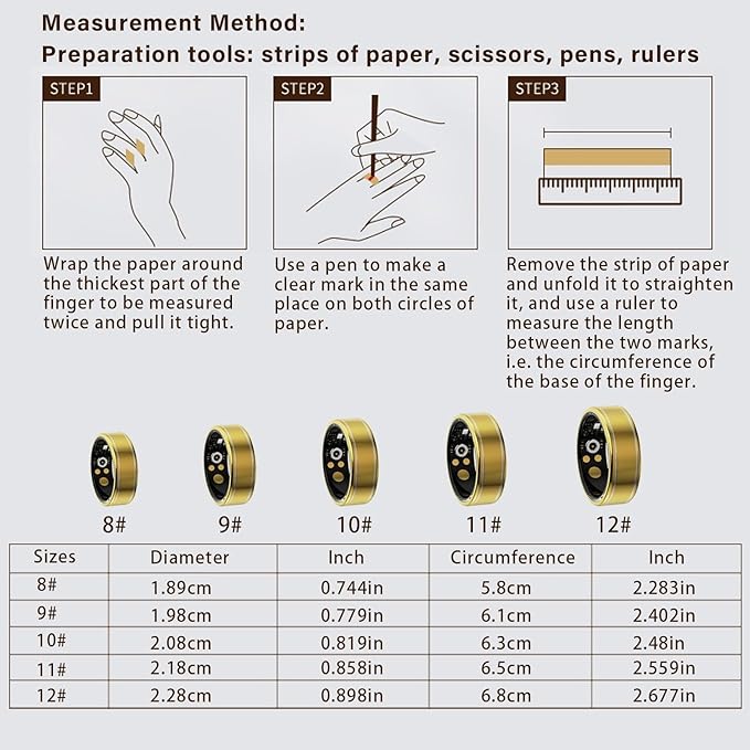 Smart Ring Health Tracker, Fitness Tracker Ring for Women Men, Monitoring of Pedometer, SpO2, Sleep Quality, Heart Rate, No Subscription Fee, Sport Rings for iOS & Android (Gold 12)