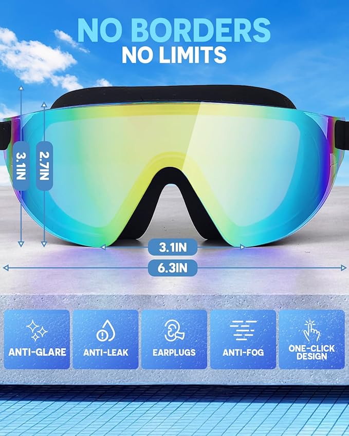 Swim Goggles, Frameless Wide View Swimming Goggles, Anti-Fog Anti-UV No Leaking Pool Goggles for Men Women Adult