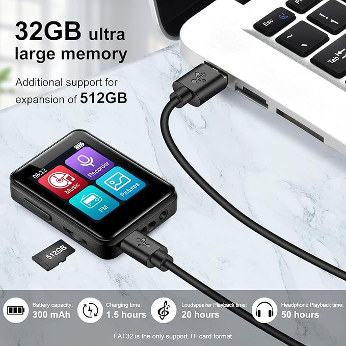 MP3 Music Player 32GB with Bluetooth, Portable Mini Music Player with 1.8 inch Screen, Speakers, FM Radio, Recorder, Up to 512GB, Black