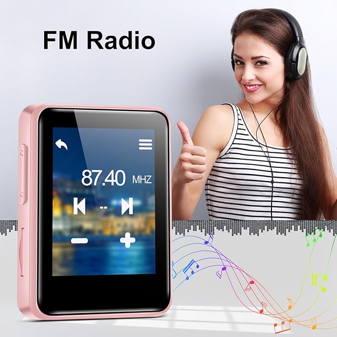 MP3 Player with Bluetooth, 1.8 inch Screen Portable Music Player with Speaker, FM Radio, Recorder, Expansion to 512GB, Pink with 32GB Micro SD Card