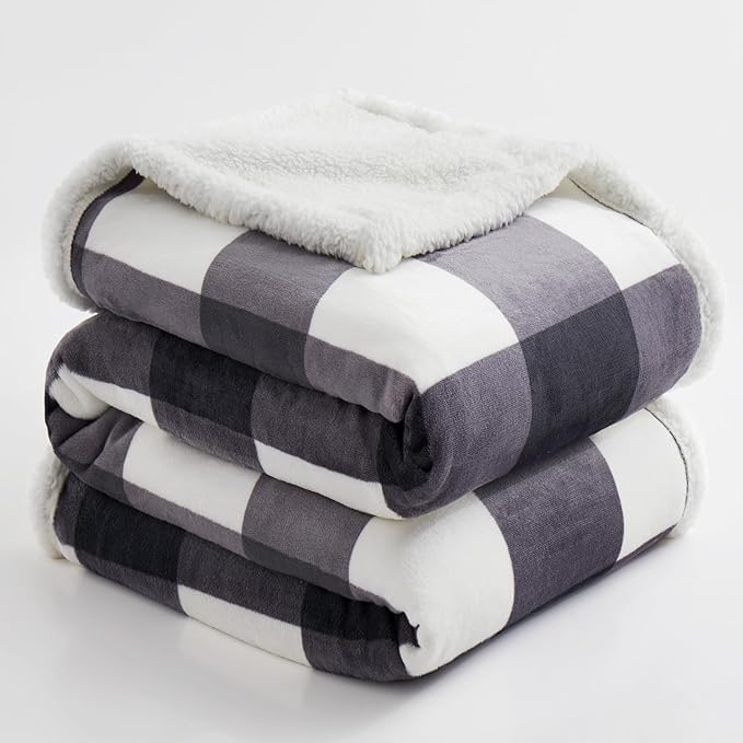 PU MEI Sherpa Blanket Fleece Throw Blanket Twin Plaid Thick Bed Blanket, Soft Warm Cozy Dark Grey Checkered Throw Blanket 60"*80"