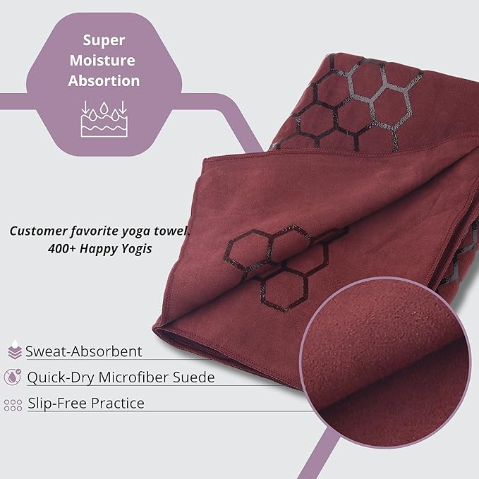 Clever Yoga Non-Slip Hot Yoga Towel – Non-Slip Grip for Hot Yoga, Sweat Absorbent, Honeycomb Silicone Grip, Stays Flat – Ideal for Pilates, Travel, Washable & Lightweight - Burgundy