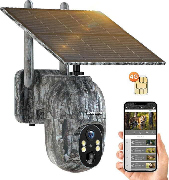 VOOPEAK Cellular Trail Camera, 2.5K Trail Cameras with Color Night Vision, Built-in SIM Card Live Streaming Pan 355ยฐ Tilt 90ยฐ Game Camera Solar Powered Motion Activated No WiFi Needed