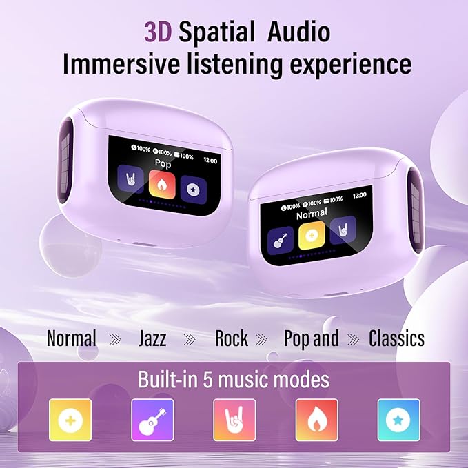 Wireless Earbuds, Bluetooth 5.4 Headphones with Multifunctional Touch Screen, 48H Bass Stereo Ear Buds with ANC/ENC Noise Cancelling/Transparency Mode, IPX7 Earphones with 5 EQ Modes, Purple