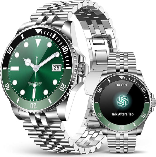 AI Smart Watch, DA GPT AI Waterproof Smartwatch, 1.19-inch AMOLED Display, 24/7 Heart Rate, Blood Oxygen, Blood Pressure, Sleep Monitor, 107 Sports Modes, Compatible Android and iOS Silver Green