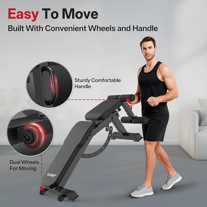 JOROTO MD65 Adjustable Weight Bench, 1700LB Heavy Duty Workout Bench for Home Gym, Flat Incline Decline Sit Up Utility Bench Press with 9 Backrest & 3 Seat Positions, Removable Leg Support & Wheels