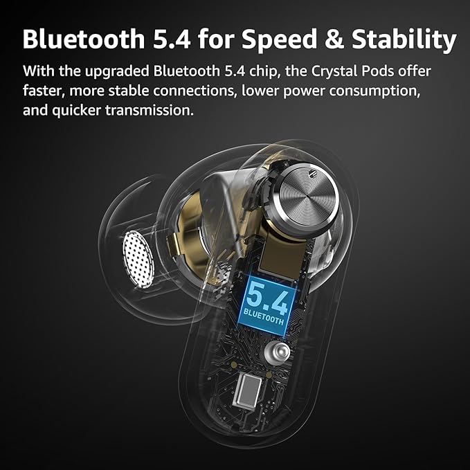 TOZO Crystal Pods Hybrid Active Noise Cancelling Wireless Earbuds, 10mm Drivers Deep Bass Stereo Sound, 4 Mics Smart ENC AI Calls, 32 EQ via App, Bluetooth 5.4 Headphones, Crystal Case Design