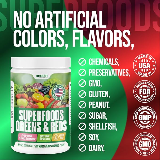 Superfood Greens Powder, Digestive Enzymes with Probiotics + Prebiotics, Gut Health, Bloating Relief for Women, Chlorella, Green Juice Mix with Beet Root Powder