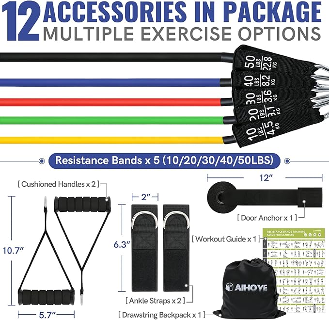 Aihoye Resistance Bands for Working Out, Exercise Bands with Handles, Stretch Bands for Exercise, Workout Bands with Door Anchors for Physical Therapy & Strength Training
