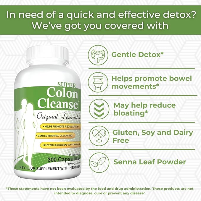Health Plus Super Colon Cleanse Original Formula (1990-2025), 300 Capsules, 6 Cleanses - Digestive Support, Constipation Relief with Psyllium Husk and Senna Leaf