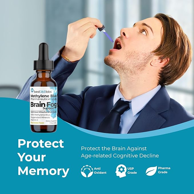 Methylene Blue Pharmaceutical Grade, USP Grade, Third-Party Tested with Vitamin C - Memory Booster - Improves Cognitive Function and Focus - Clear Thoughts and Reduced Fog - Liquid Supplement