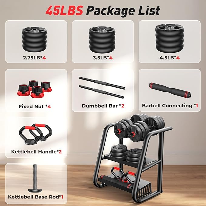 Adjustable dumbbell set,20/35/45/55/70/90lbs Free Weights set with upgraded nut, 4 in 1 Weight Set Used as Kettlebells, Barbell, Push up Stand, Fitness Exercise for Home Gym Suitable Men/Women