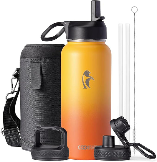 Water Bottle 32 oz Insulated with Straw, Coolflask Stainless Steel Metal 3 Lids Water Flask Wide Mouth for Sports or Office, Non-BPA Keep Cold Up to 48 Hrs or Hot Up to 24 Hrs, Ombre Yellow/Orange