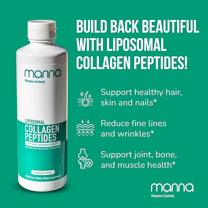 Manna Vitamins Evolved Liposomal Collagen Peptides Liquid, 5000mg High Absorption Grass-Fed Type I, III Collagen for Skin, Hair, Nails, Joints – Hydrolyzed Collagen Supplement, Non-GMO, 16oz (Unisex)