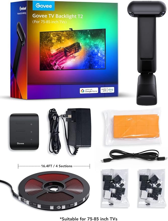 Govee Envisual TV Backlight T2 with Dual Cameras, 16.4ft RGBIC Wi-Fi LED Backlights for 75-85 inch TVs, Double Light Beads, for Home Decorations, Smart App Control, Music Sync