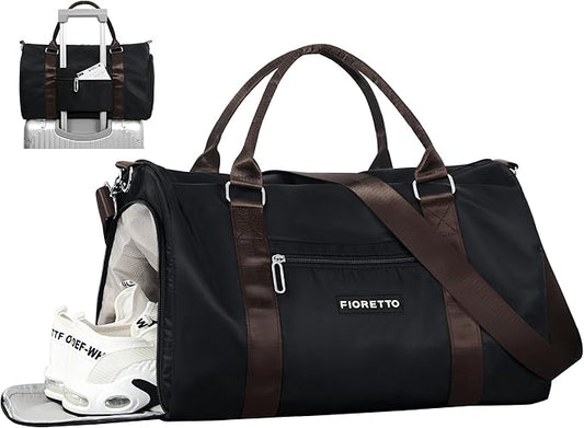FIORETTO Womens Gym Tote Duffle Bag with Wet Pocket & Shoe Compartment, Sports Duffel Overnight Weekender Hospital Workout Carry on Bag for Girls, Ideal for Travel, Swimming, Dance, Ballet Black