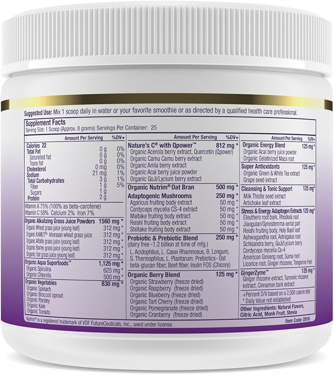 Paradise Herbs ORAC Energy Greens, Berry Superfood Powder, Over 40,000 ORAC Antioxidants, Organic Greens, Berries, Mushrooms & Probiotics, Non-GMO, Gluten-Free, 25 Servings