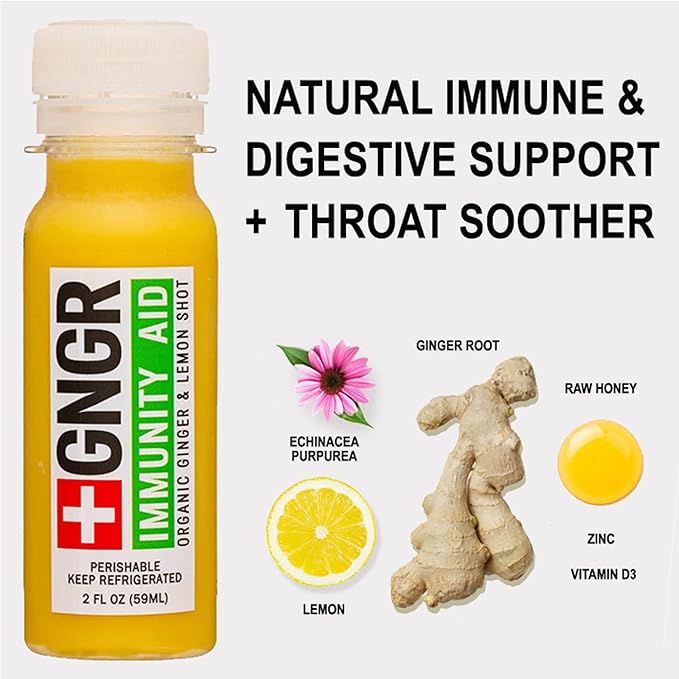 '+GNGR Immunity Aid Organic Ginger and Lemon Shot - Cold Pressed Ginger Shots with Echinacea, Lemon Juice, Honey, Zinc & Vitamin D3, Immune & Digestive Support (2 Oz, Pack of 12)